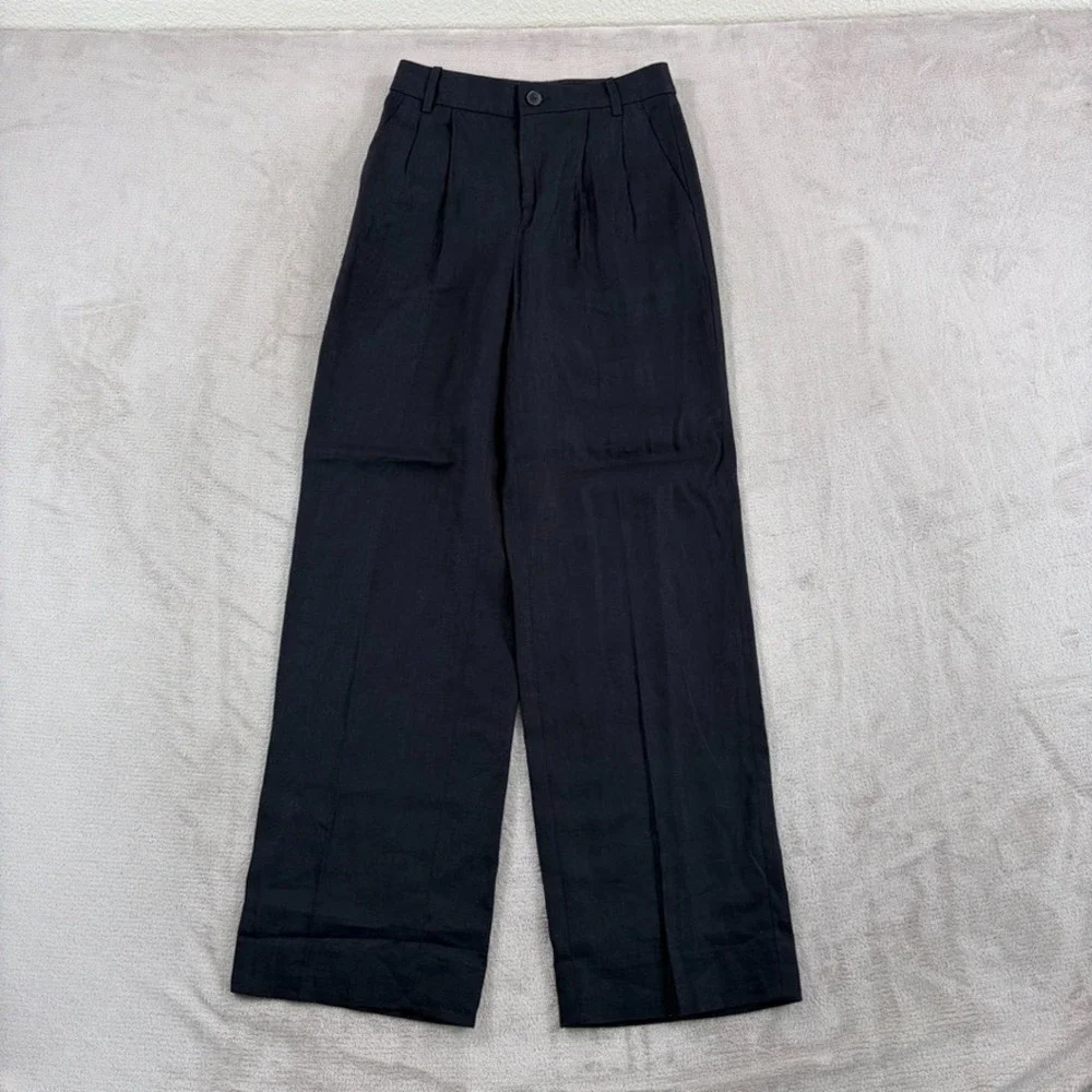 Banana Republic Palma Straight-Leg Linen Pleated‎ Pants in Black Women 26 NWOT